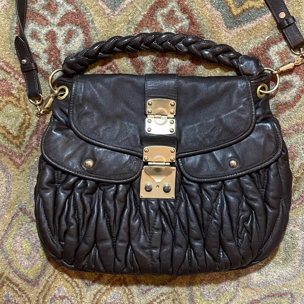Besso Italian Genuine Leather Chocolate Brown Quilted Shoulder Bag 16”x12”